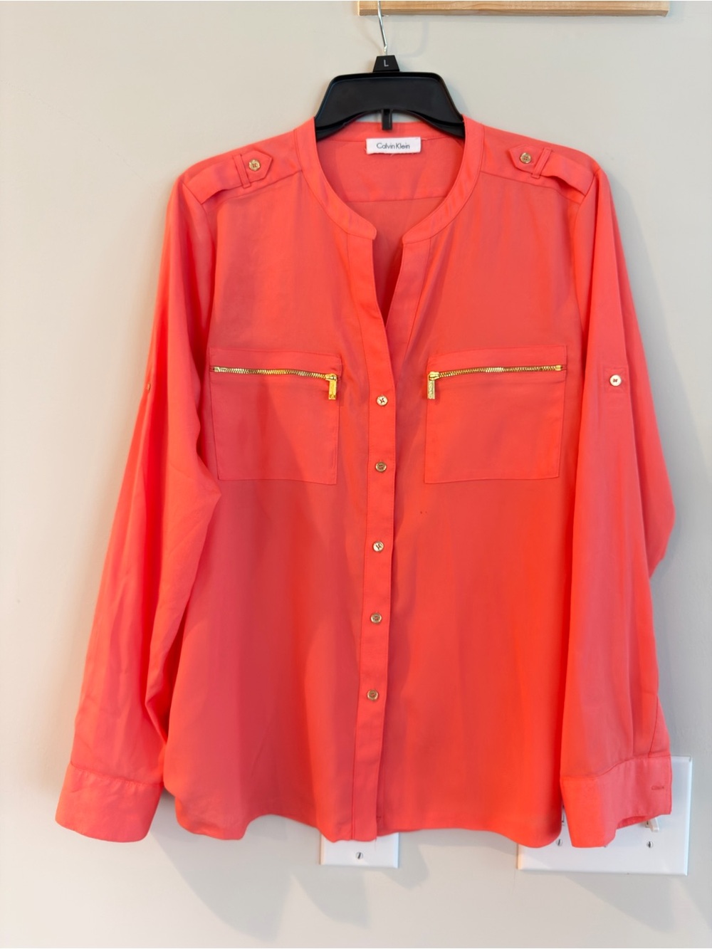 Calvin Klein Coral Button-Front Blouse with Gold Zipper Pockets